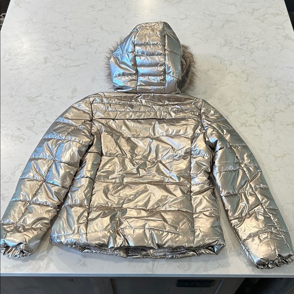 Puffer Jacket Winter Women Warm Quilted Bubble Fur Hood Coat Medium Gold Shimmer - Picture 8 of 16